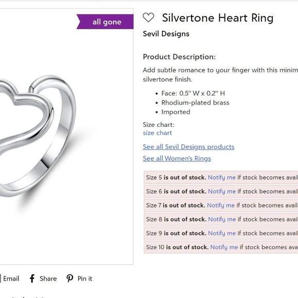 Sevil Rhodium Plated Silvertone Open Heart Ring 7 - Picture 5 of 5